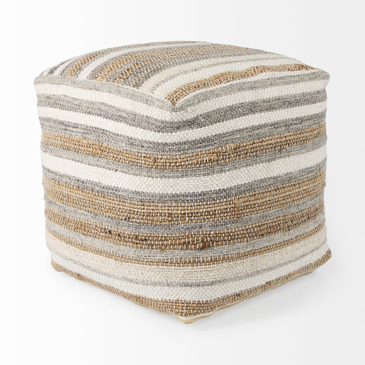 Aahana White/Taupe/Gray Striped Hemp and Cotton Pouf