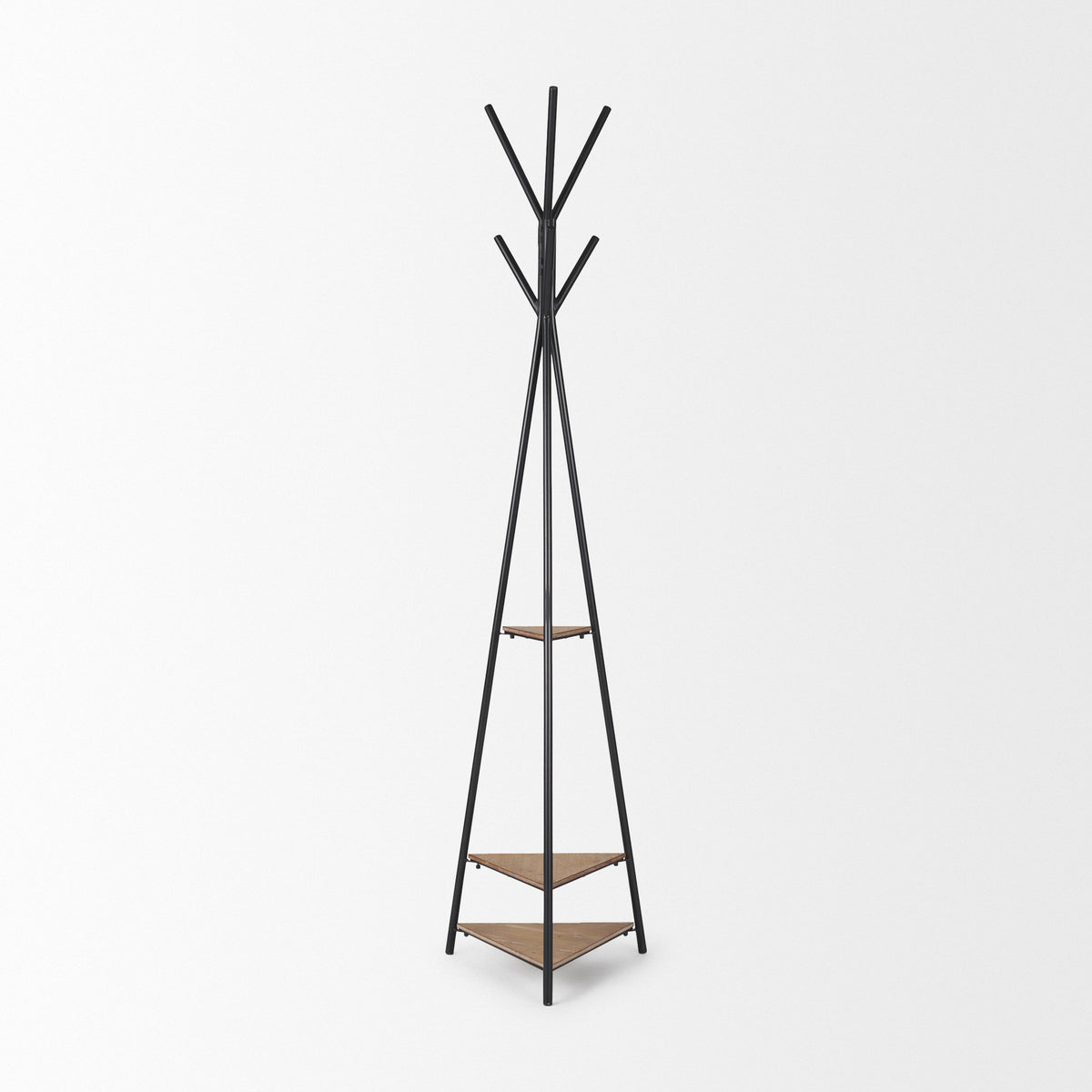 Everett Matte Black Metal with Two Wood Shelves Coat Rack