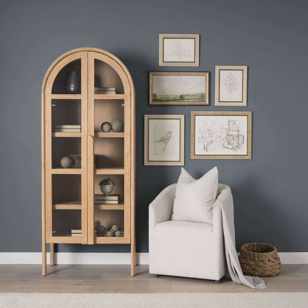 Callum Light Brown Elm Wood with Glass Doors Arched Curio Cabinet