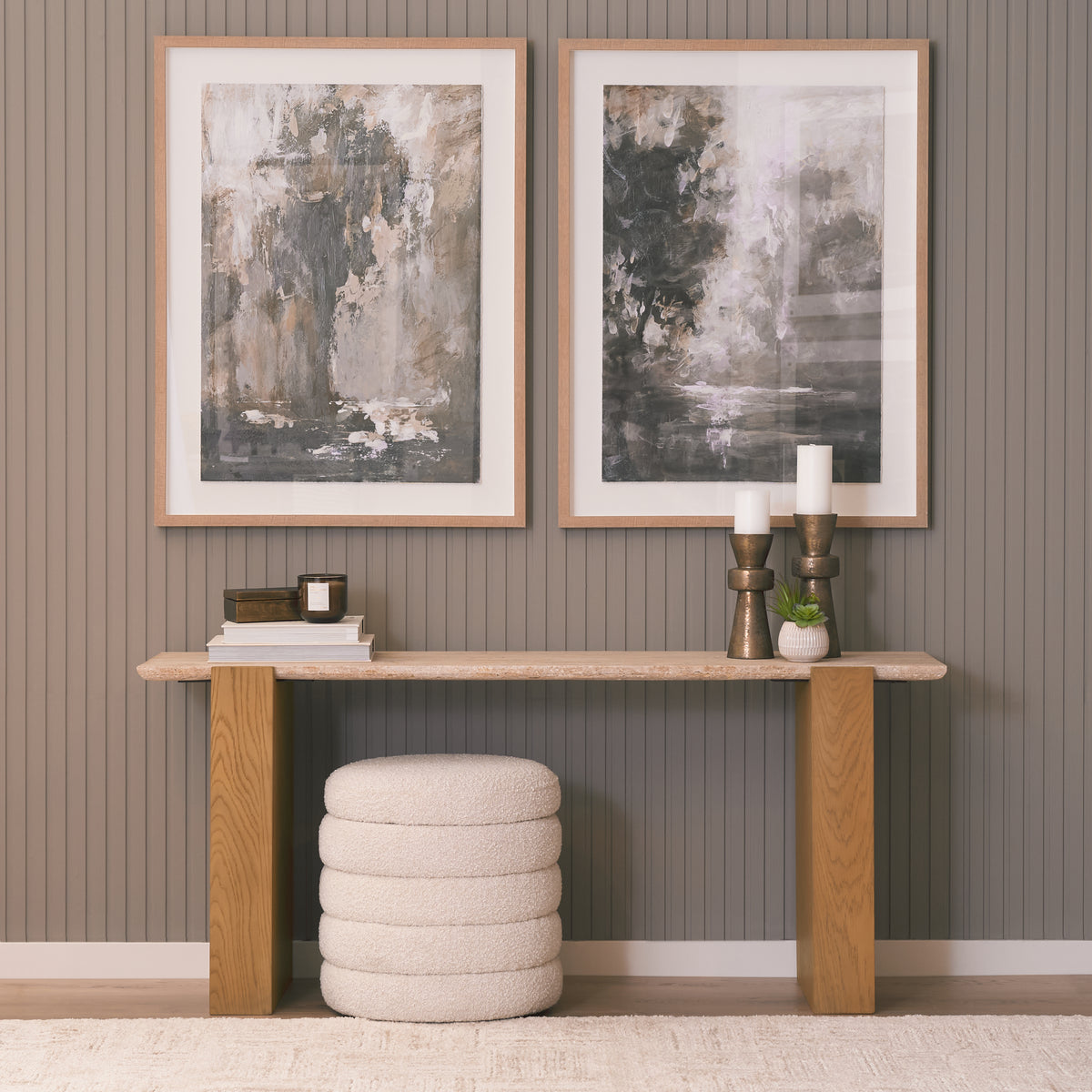 Milos Light Brown Travertine Top Oak Wood Console Table