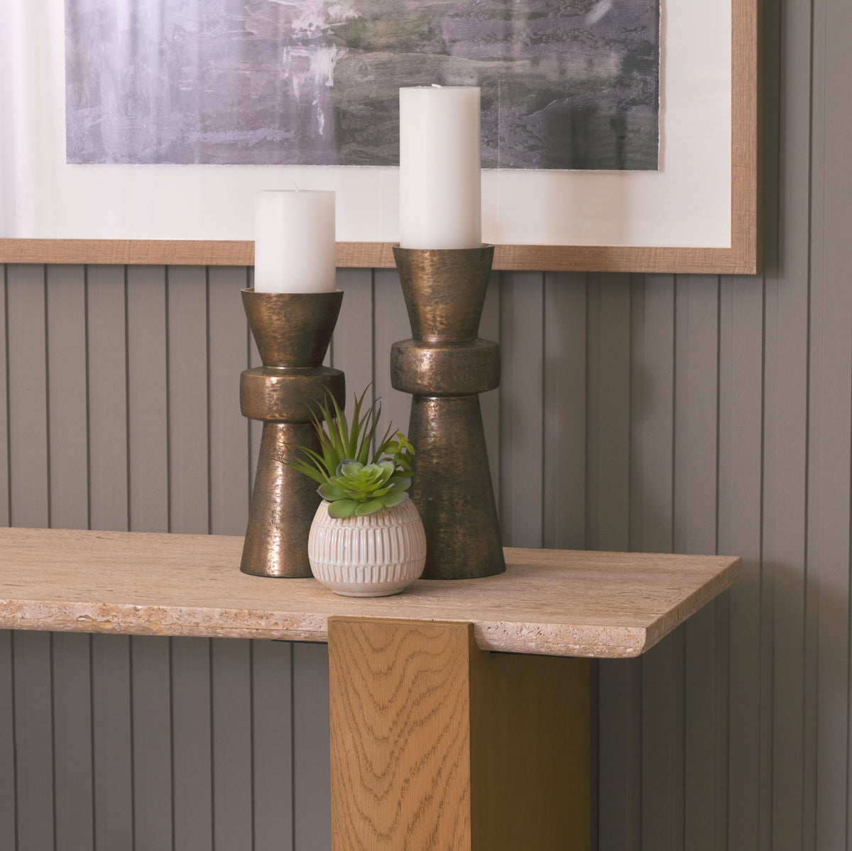 Milos Light Brown Travertine Top Oak Wood Console Table