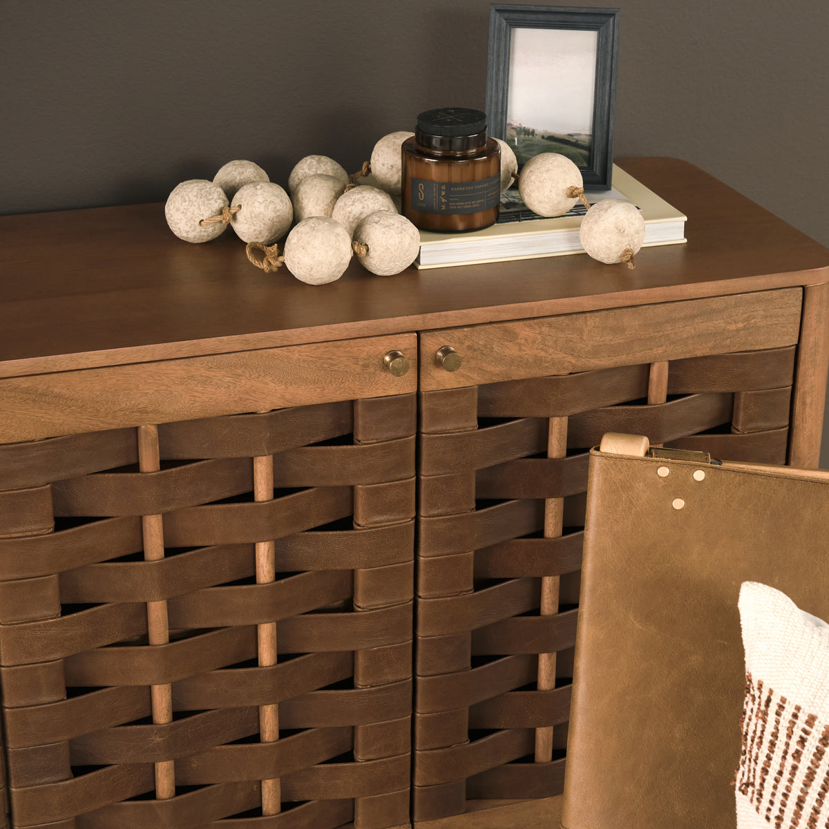 Wexlan Brown Solid Wood with Leather Weave 4 Door Closed Sideboard