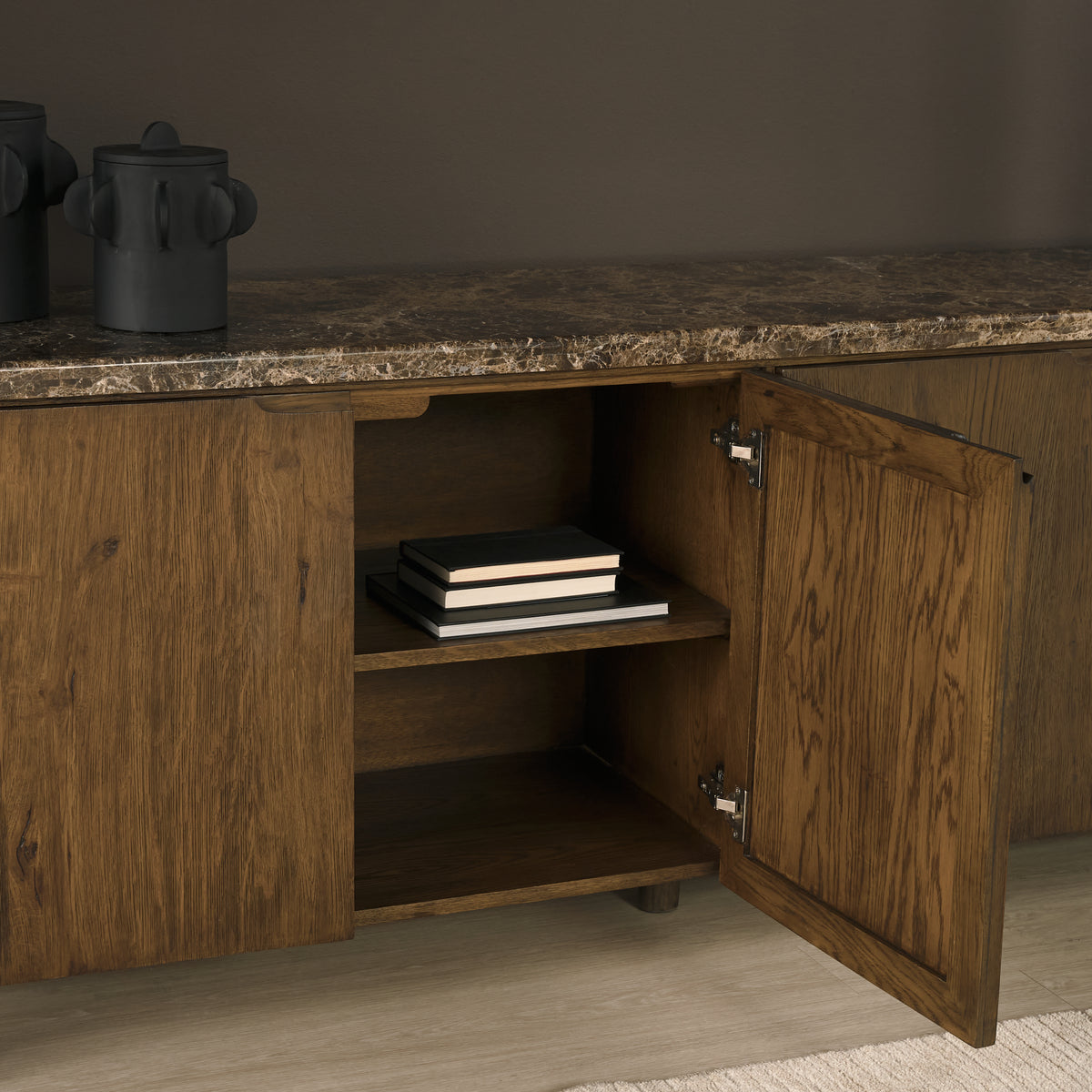 Kendrix Dark Brown/Cappuccino Oak Wood Marble 4 Door Closed Sideboard