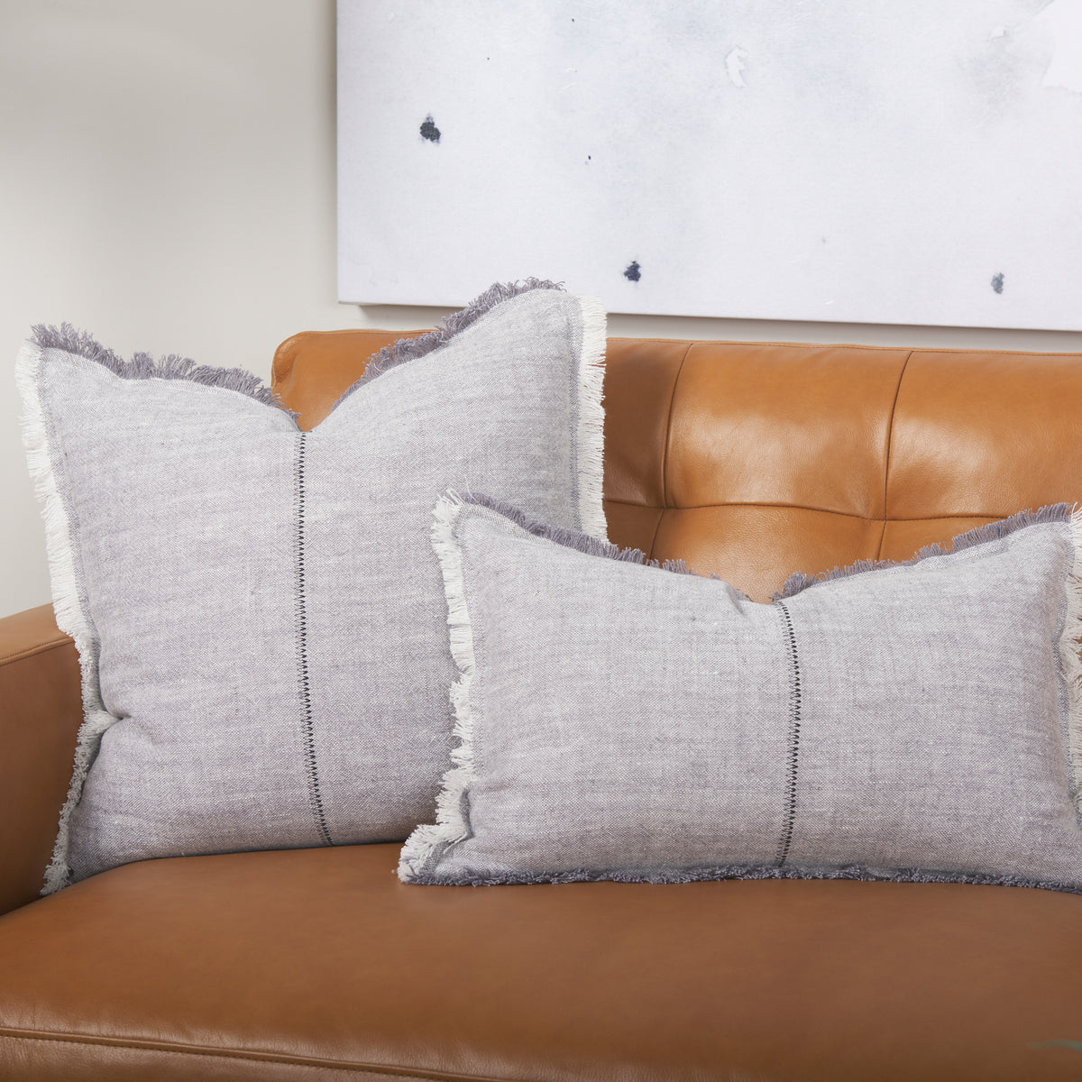 Thais Gray 13x21 Fabric Fringed Pillow Cover with Non-Allergen Filler (Set of 2)