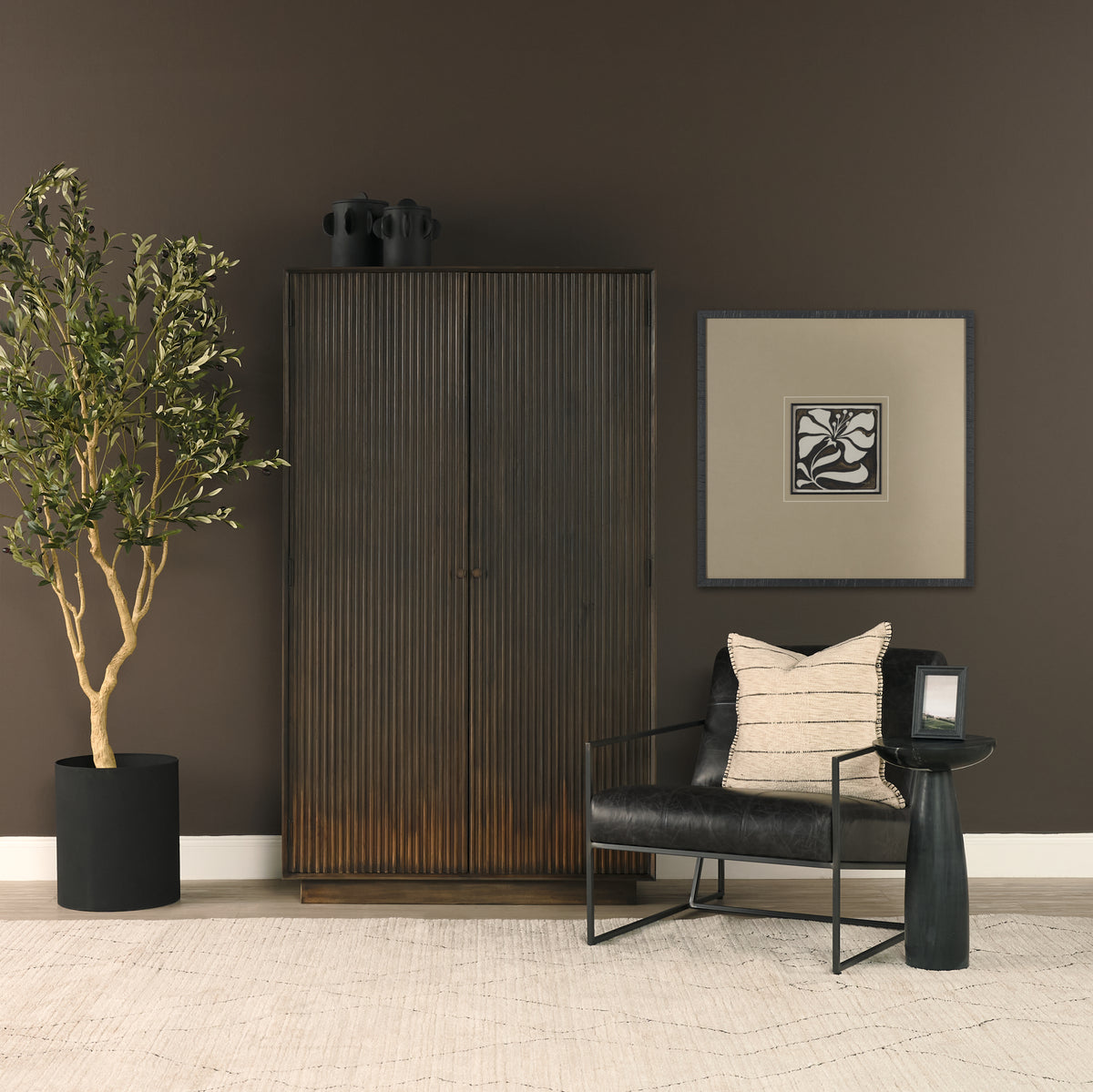 Cinder Dark Brown Distressed Wood Reeded 2-Door Closed Tall Cabinet