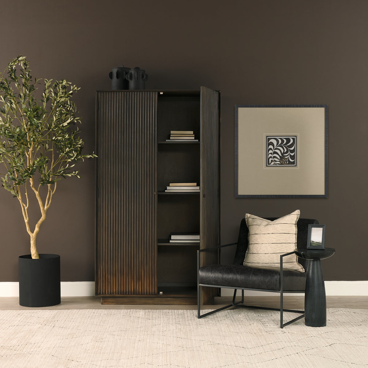 Cinder Dark Brown Distressed Wood Reeded 2-Door Closed Tall Cabinet
