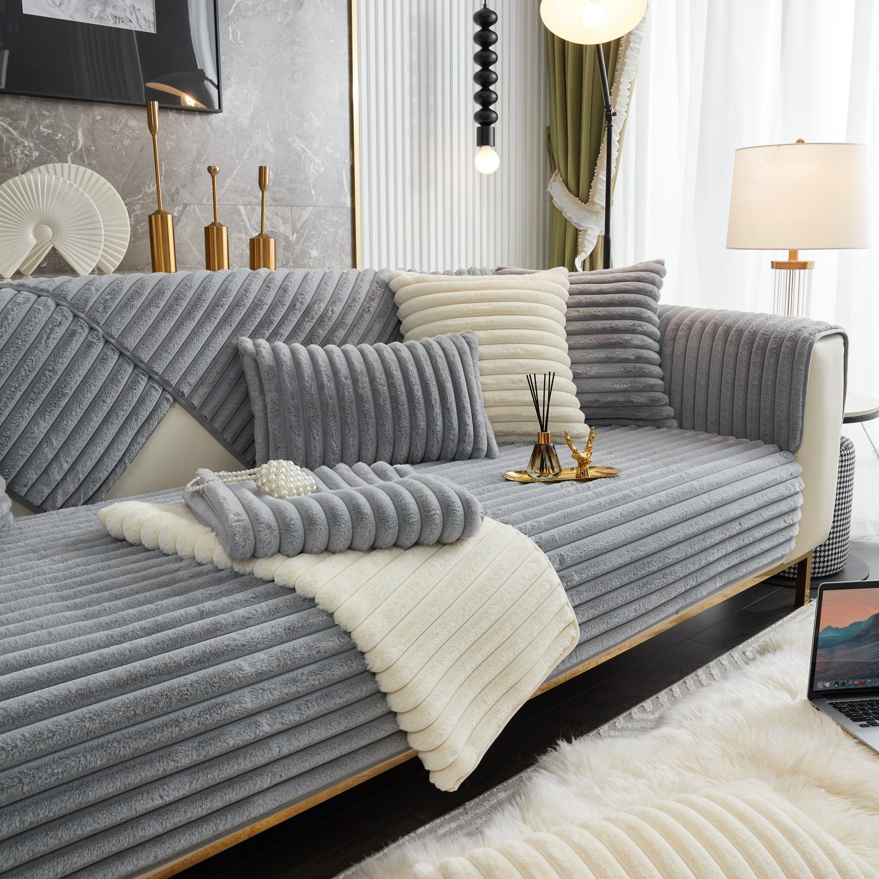 Winter Thickened Rabbit Plush Non-slip Sofa Cushion, Faux Fur Fluffy Furniture Protector