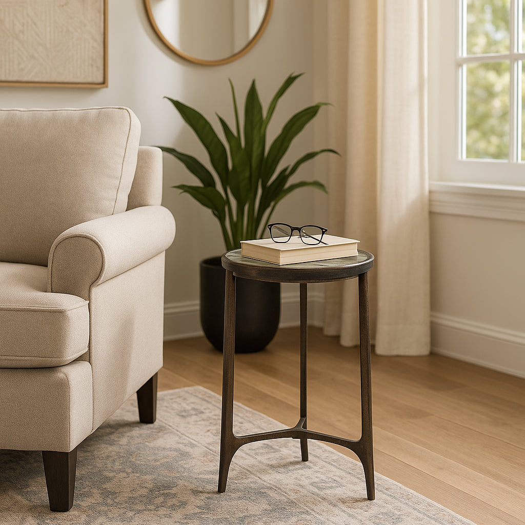 Keene Antique Bronze Thick Glass Top Round Accent Table