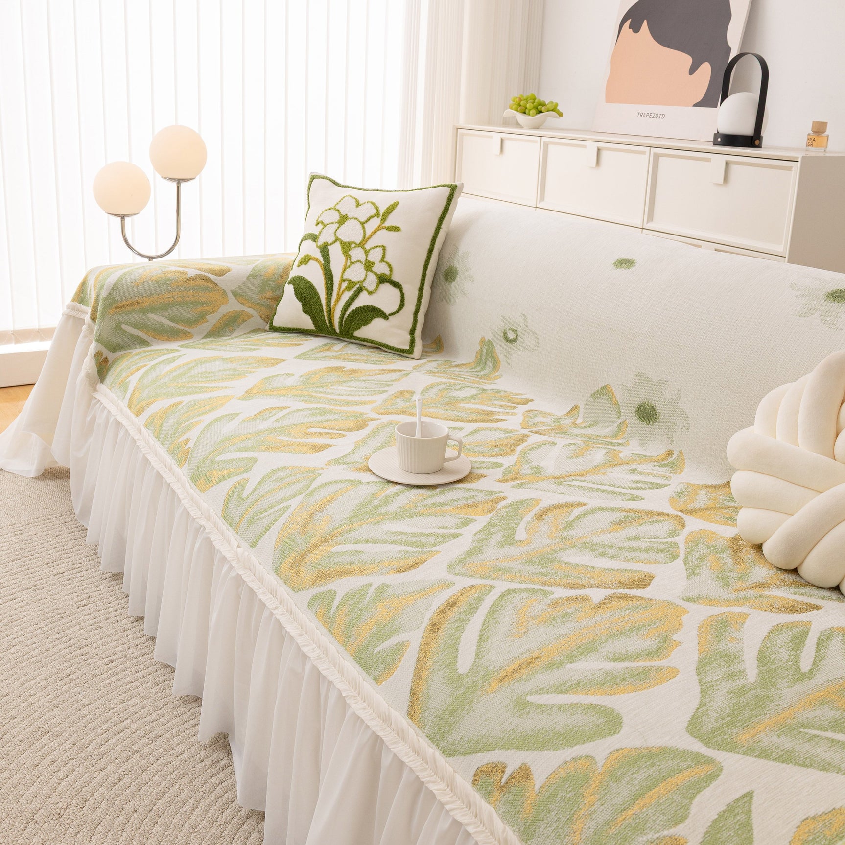 Botanical Sofa Cover with Chiffon Skirt, Floral Couch Throw Blanket for All-Season