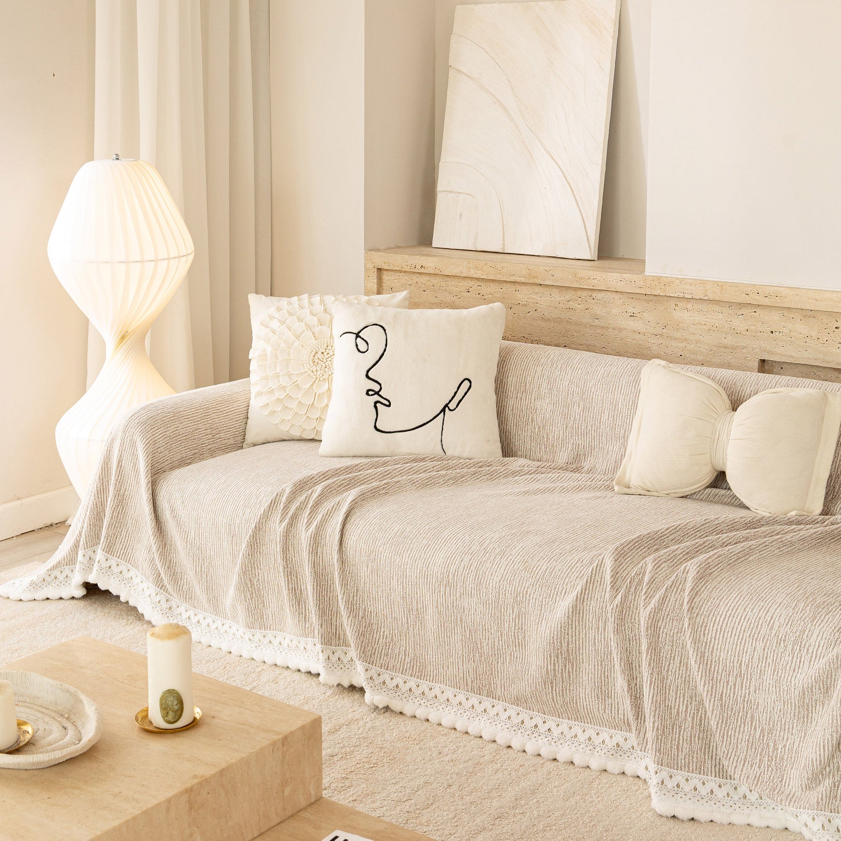 Sofa Cover Throw with Lace Trim & Pom-Pom Fringe, Decorative Couch Cover Blanket