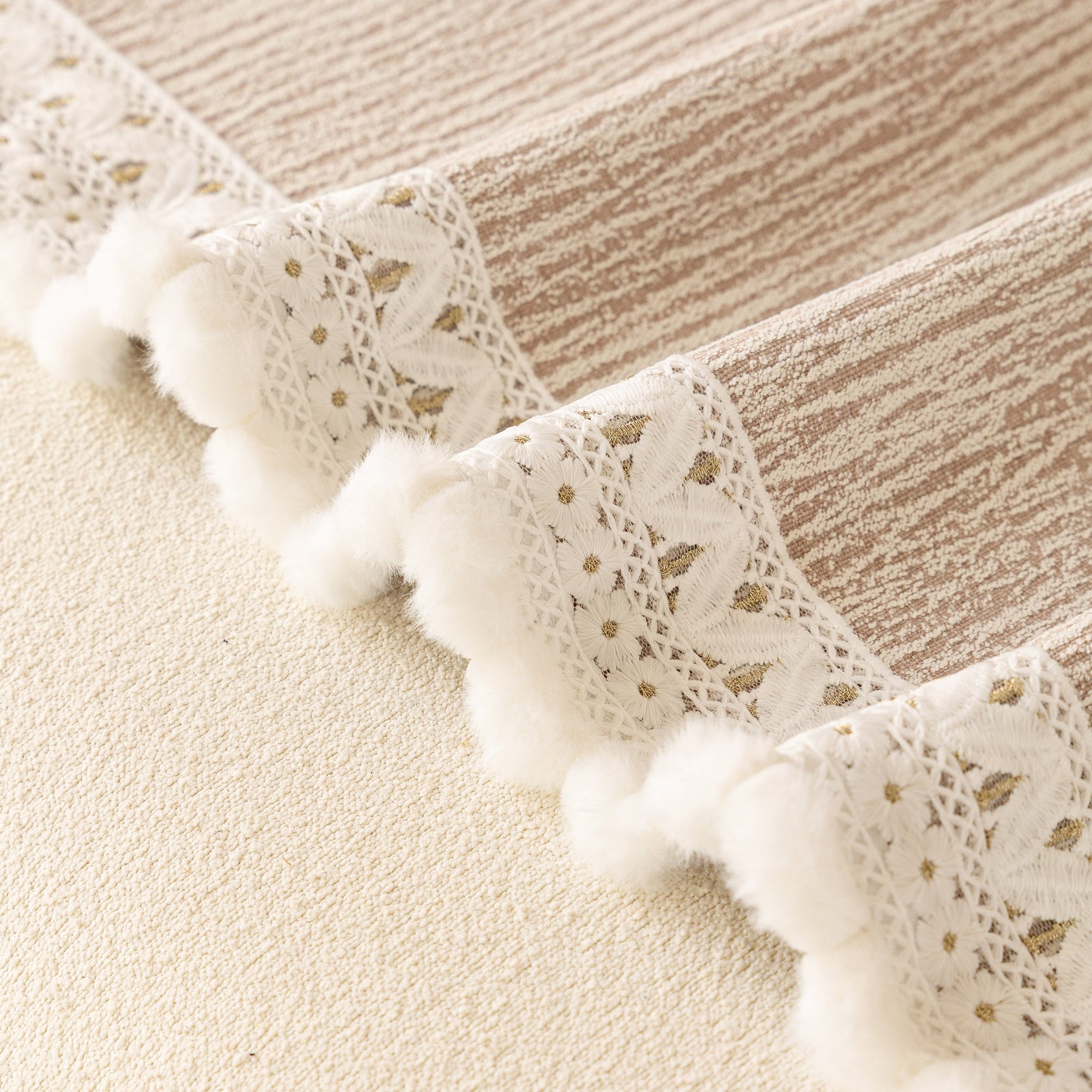 Sofa Cover Throw with Lace Trim & Pom-Pom Fringe, Decorative Couch Cover Blanket