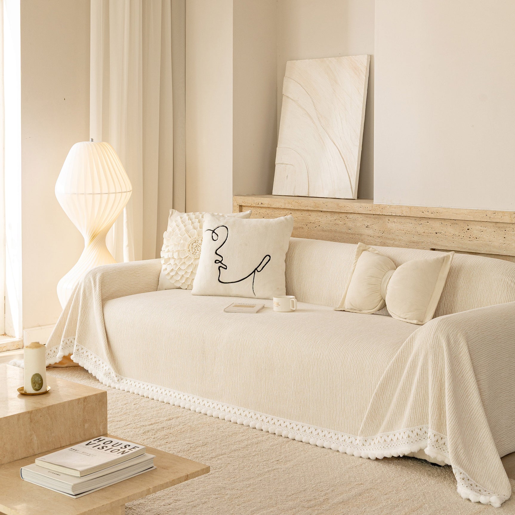 Sofa Cover Throw with Lace Trim & Pom-Pom Fringe, Decorative Couch Cover Blanket