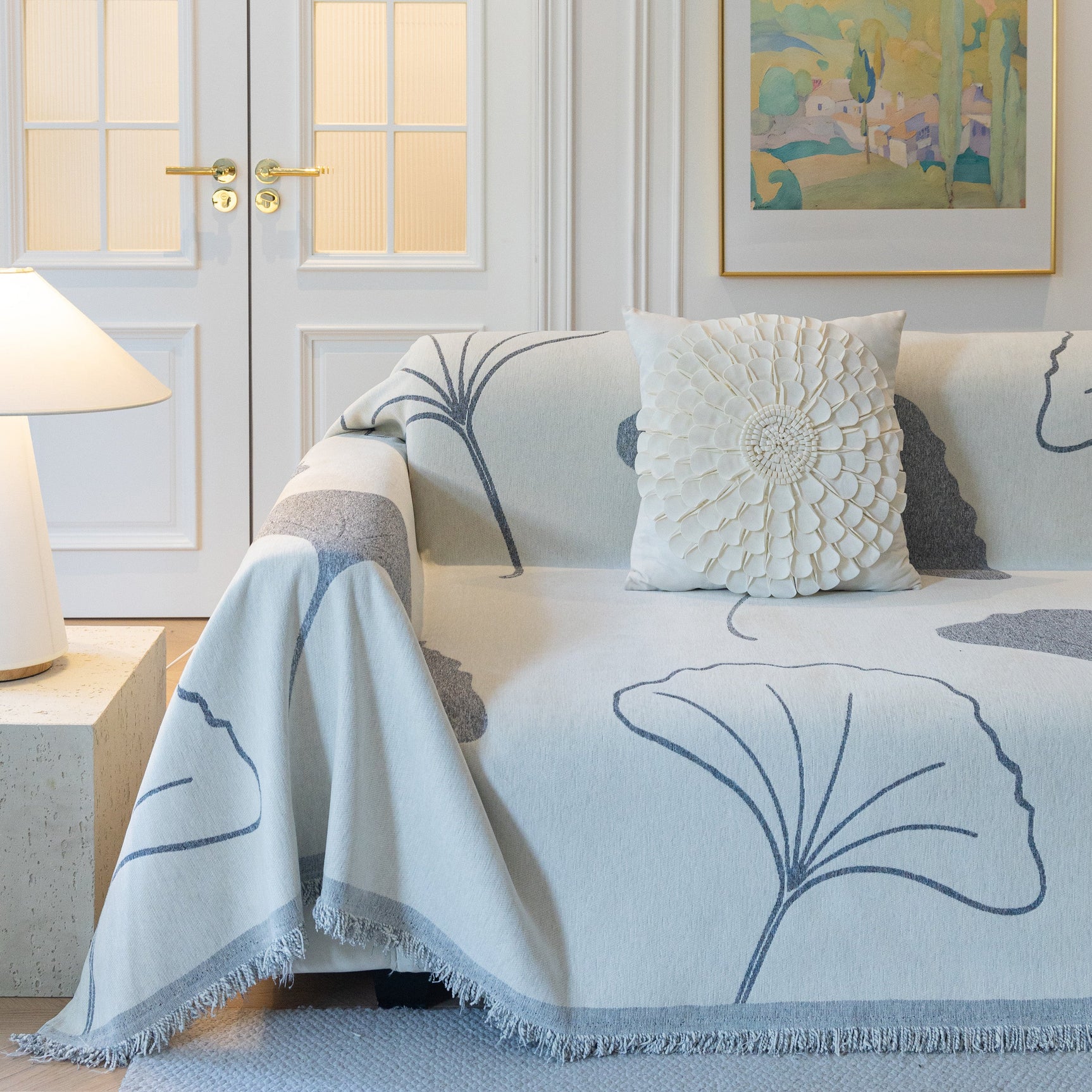 Cozy Couch Throw Blanket with Tassels, Jacquard Leaf Pattern Furniture Protector