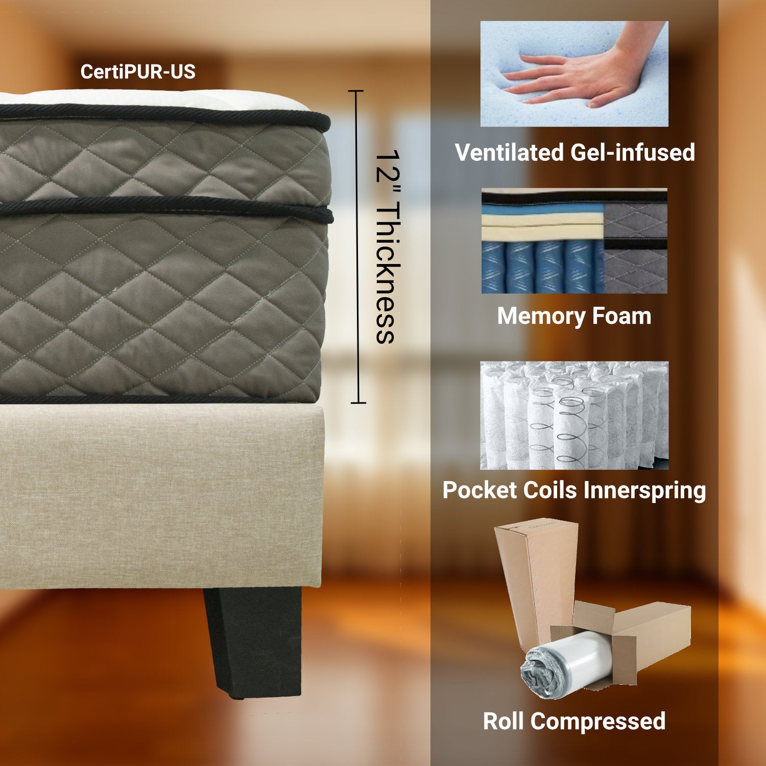 12" Queen Euro Top Pocket Coil and Cooling Gel Memory Foam Highly Breathable Quilted Cover Hybrid Mattress, Pressure Relief, and Motion Isolation, CertiPUR-US in a Box - Ornate Home