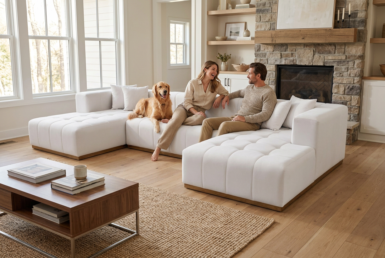 Montecito Ivory Velvet Double Chaise "U" Shape Sectional Sofa - Ornate Home