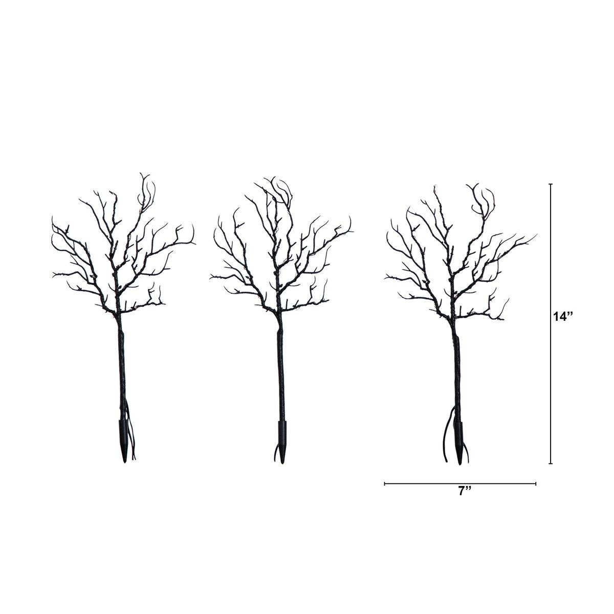 14" Pre-Lit Artificial Halloween Black Twig Branches with 45 Orange LED Lights and Integrated Ground Stake - Set of 3