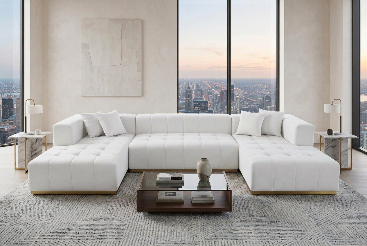 Montecito Ivory Velvet Double Chaise "U" Shape Sectional Sofa - Ornate Home