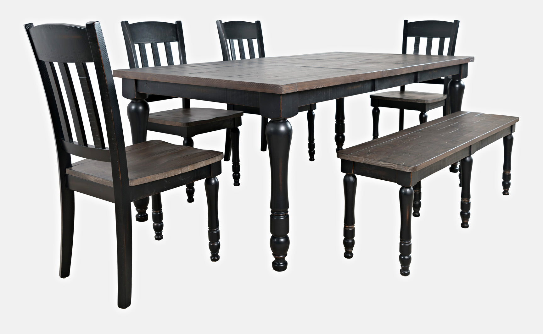 Madison County Vintage Black Ext Dining Dining Table w/ 4 Chairs, Bench
