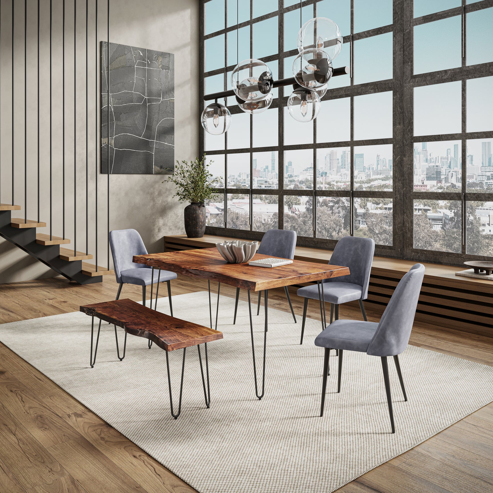 Nature's Edge Light Chestnut/Grey 60 Dining Table w/ 4 Maddox Chairs and Bench