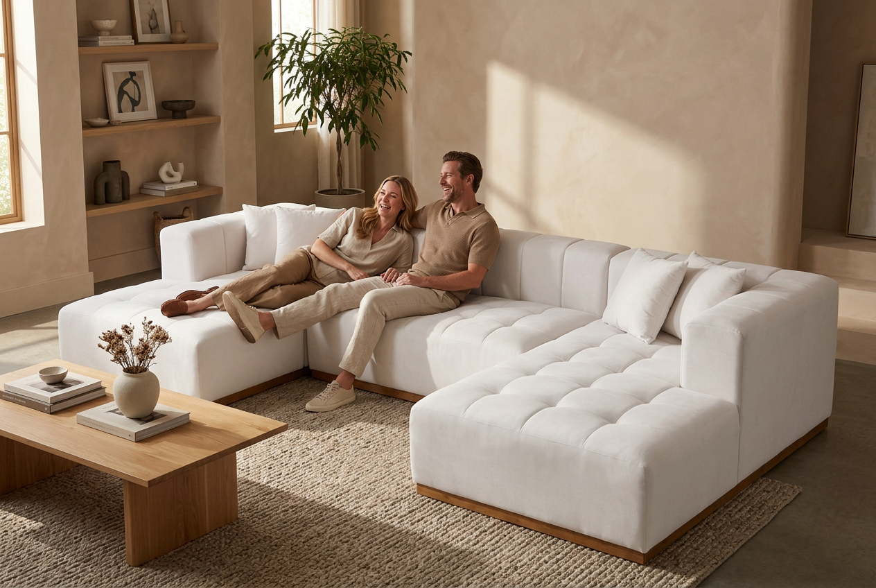 Montecito Ivory Velvet Double Chaise "U" Shape Sectional Sofa - Ornate Home