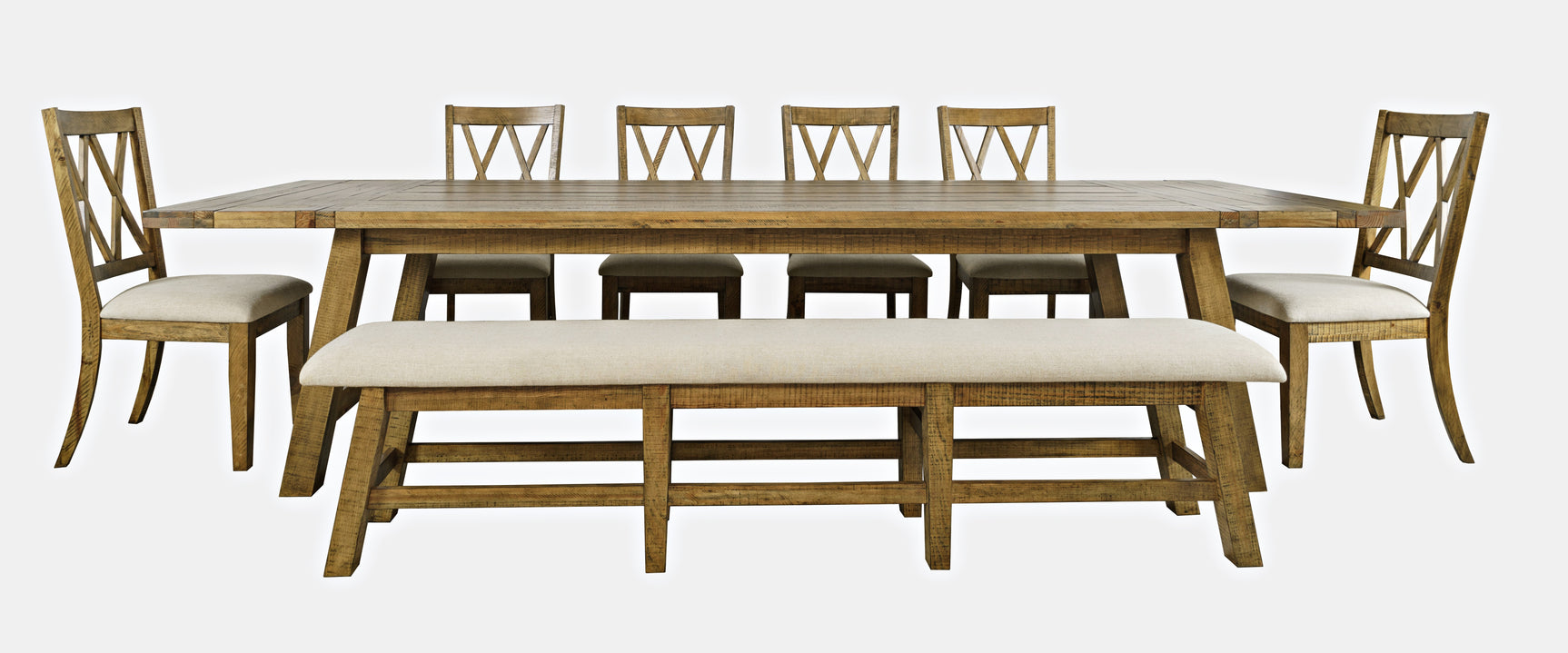 Telluride Gold Trestle Dining Table w/ 6 Chairs, Bench