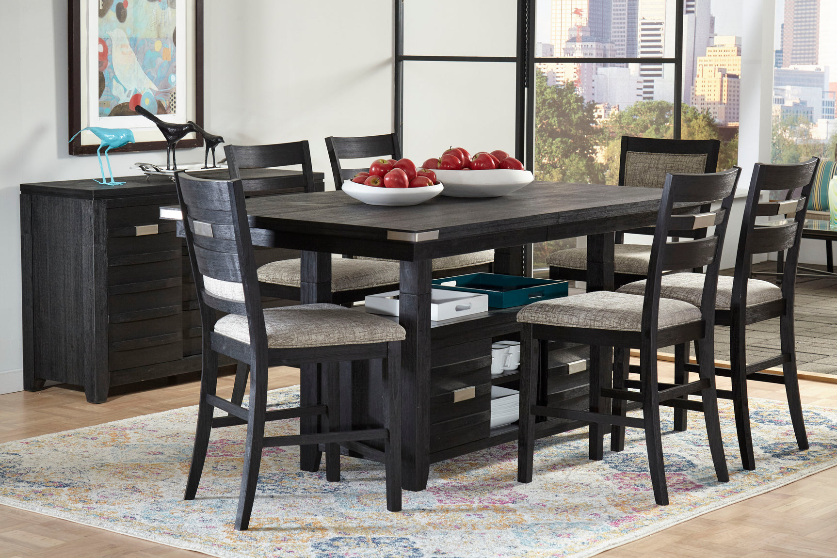 Altamonte Dark Charcoal High/Low Rect. Counter Dining Table w/ 2 Uph and 4 Ladderback Stools