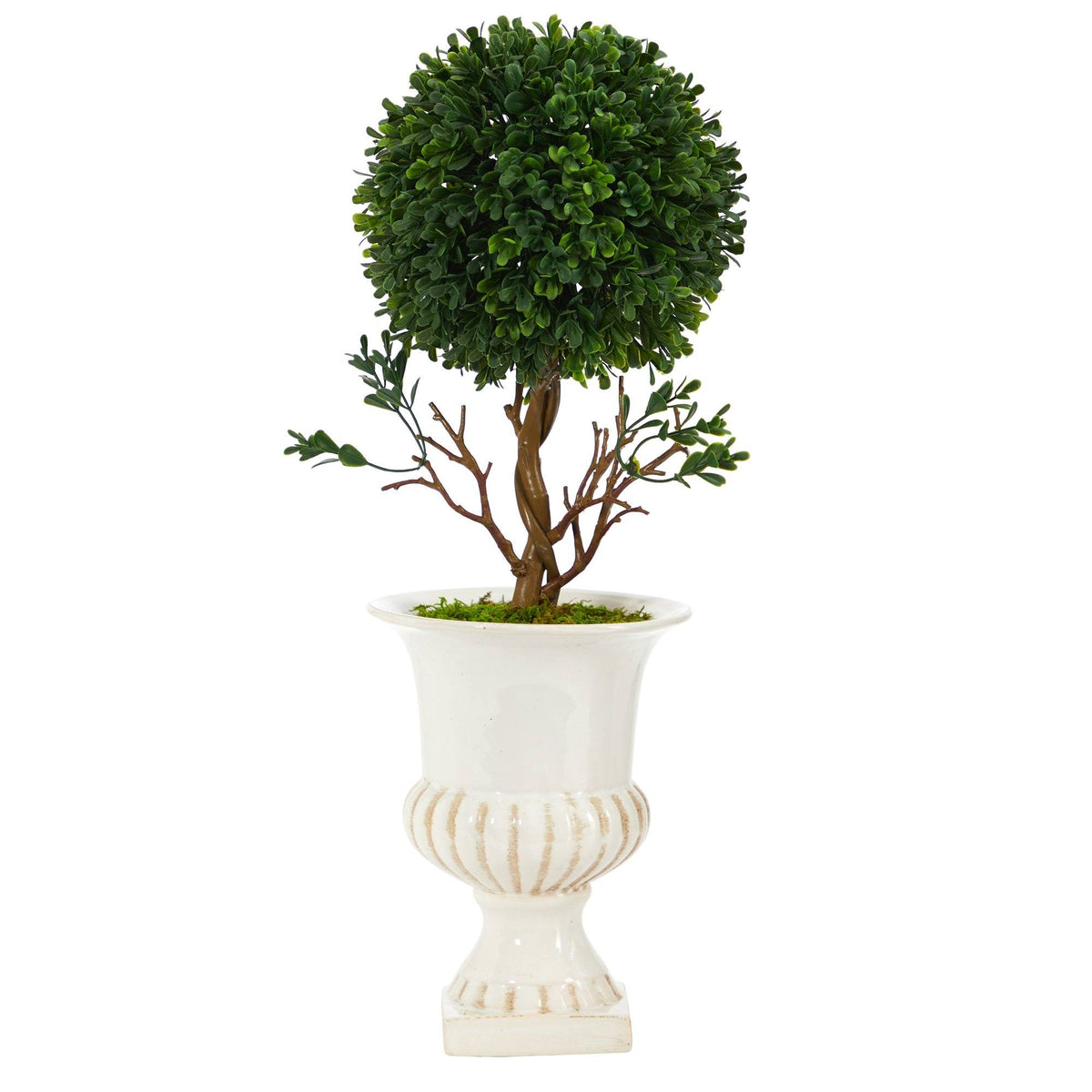 19” Boxwood Topiary Artificial Tree in White Urn UV Resistant (Indoor/Outdoor)