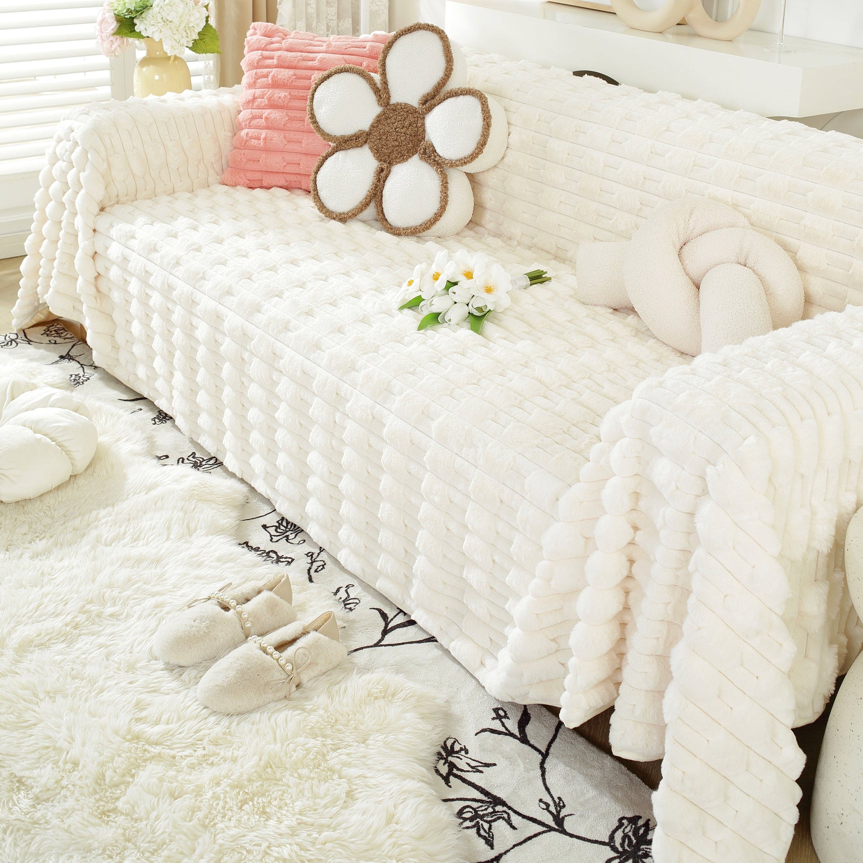 Fluffy Faux Fur Couch Cover Plush Sofa Throw, Warm & Stylish Sofa Protector