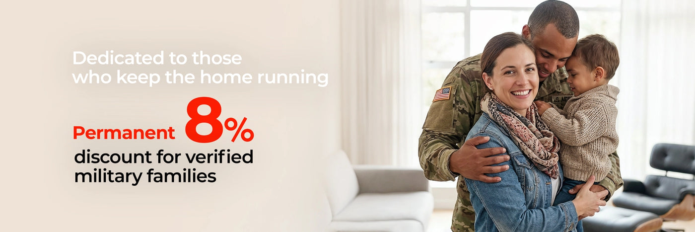 Family in a living room with text about a permanent 8% discount for verified military families.