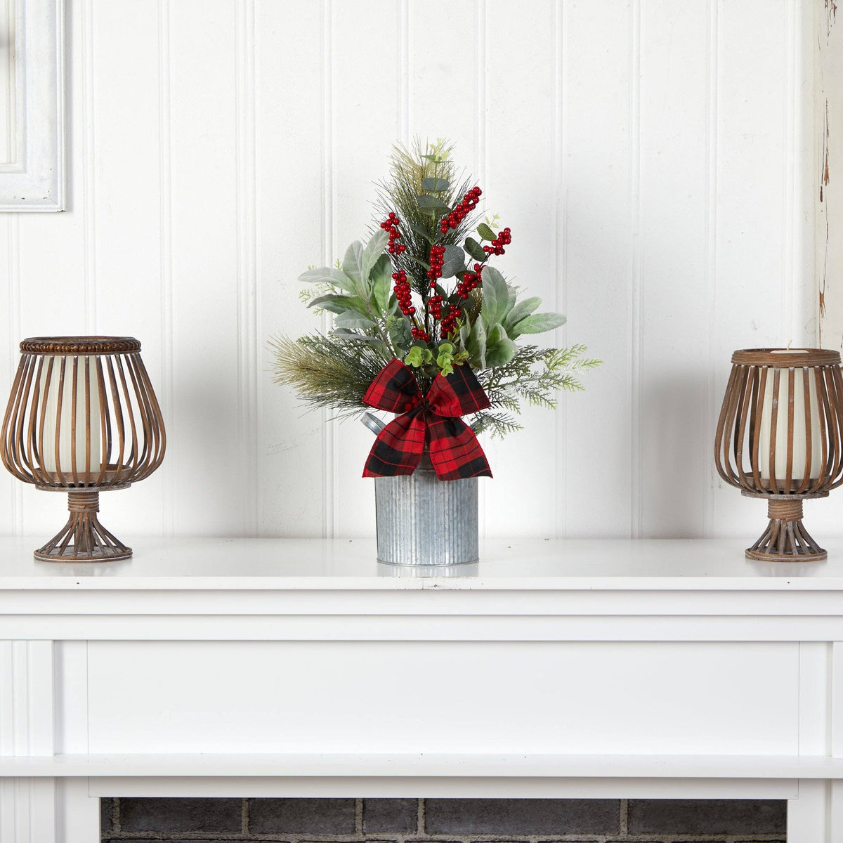 20" Holiday Winter Greenery, Pinecone and Berries with Buffalo Plaid Bow Christmas Arrangement"