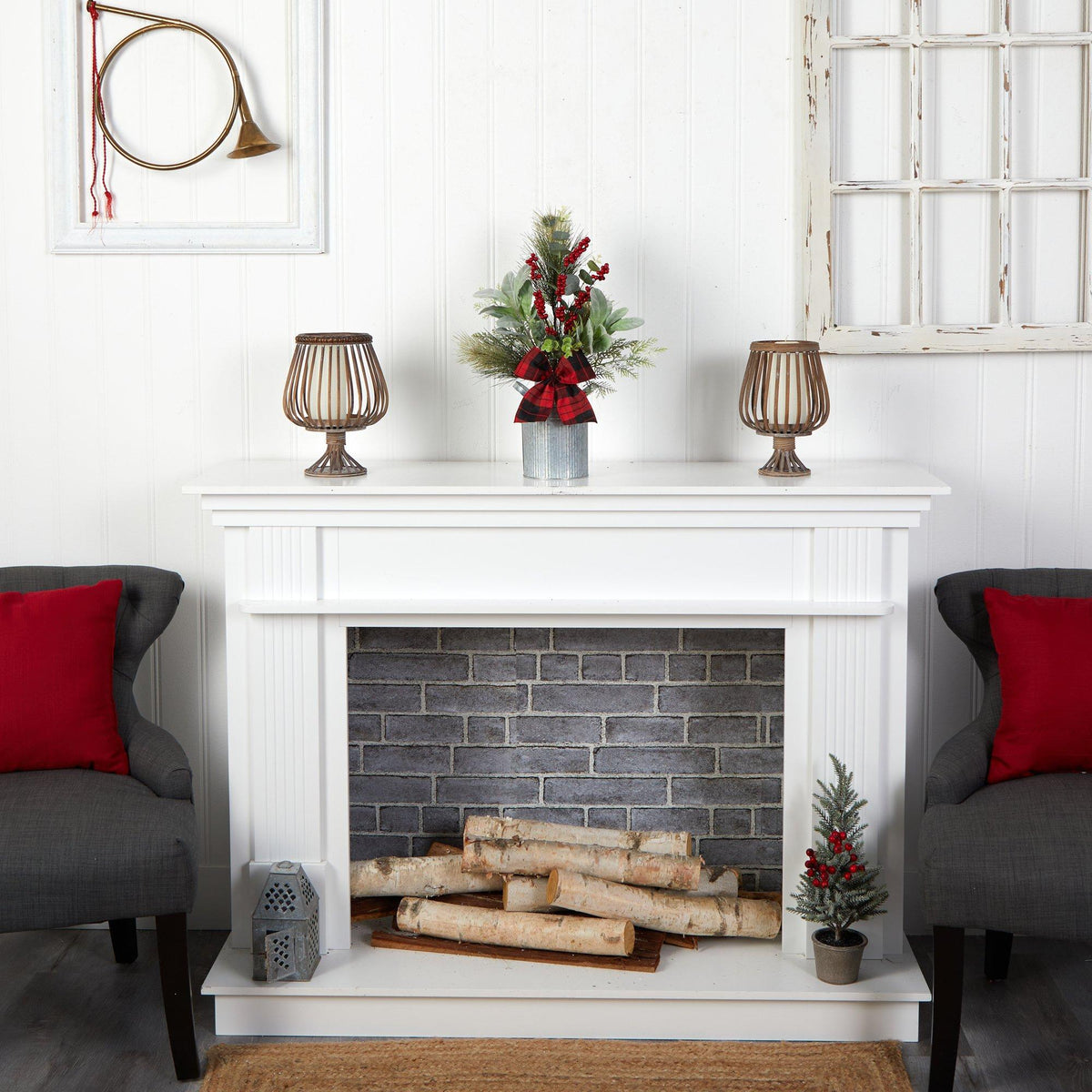 20" Holiday Winter Greenery, Pinecone and Berries with Buffalo Plaid Bow Christmas Arrangement"