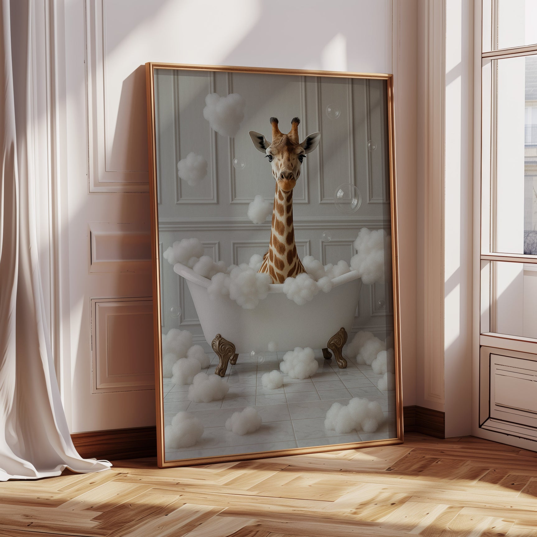 Giraffe in a Bathtub of Bubbles