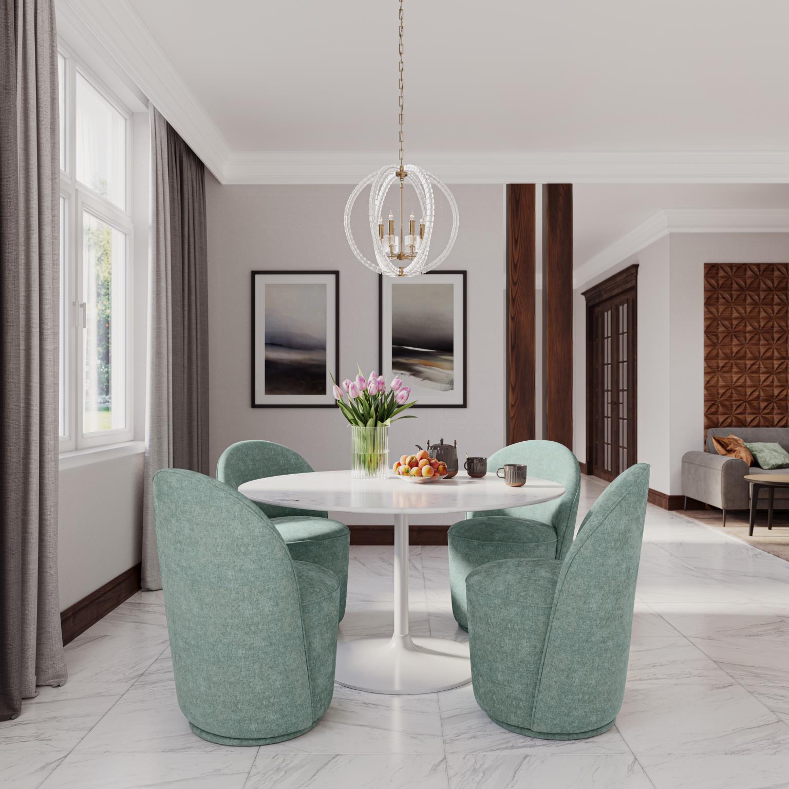 Rowan White/Blue 54 Round Marble Dining Table w/ 4 Landon Chairs
