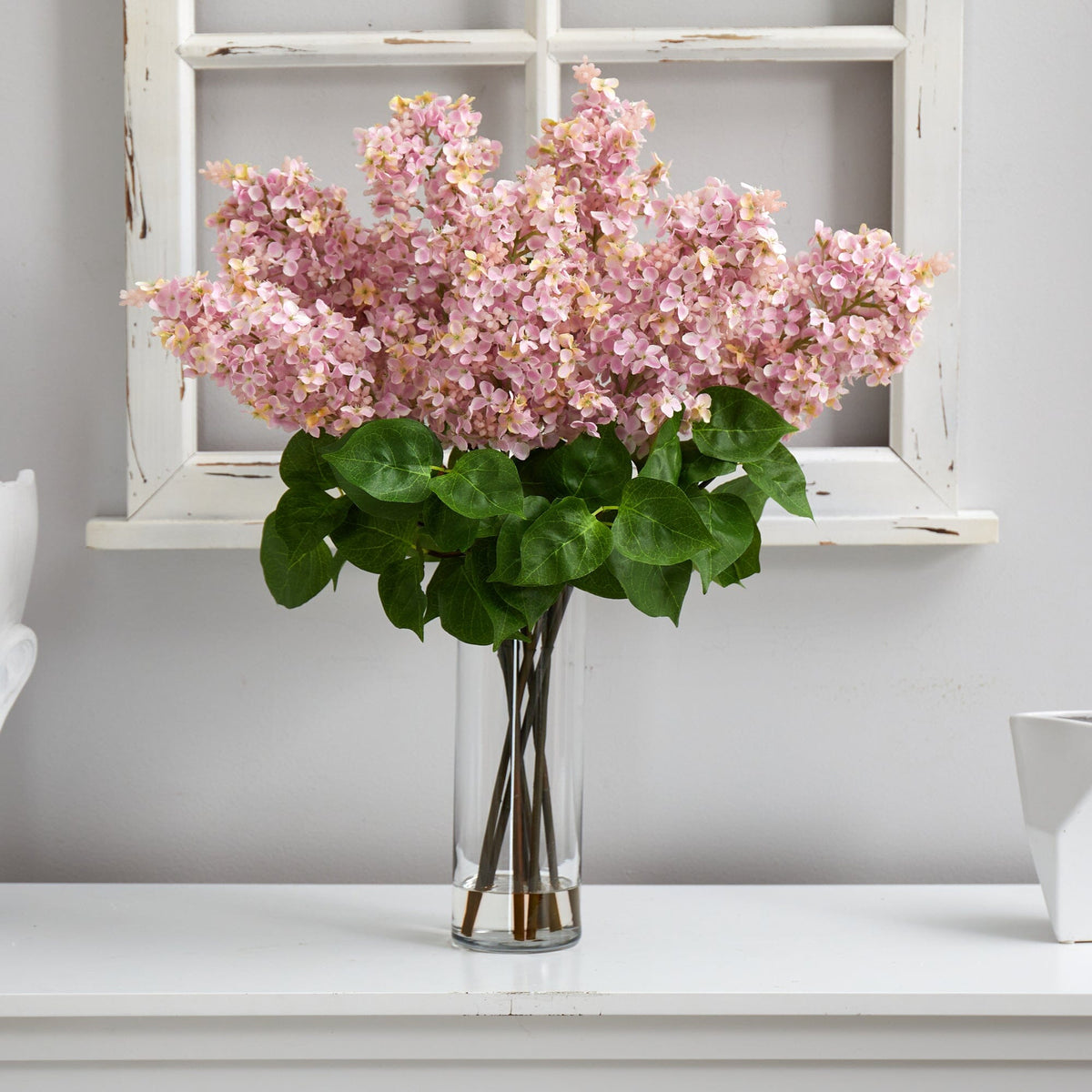 24” Artificial Lilac Arrangement with Cylinder Glass Vase