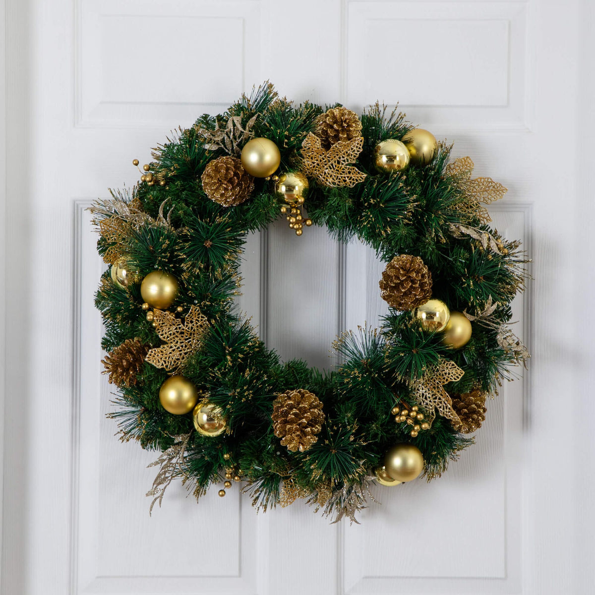 24" Pre-Lit Artificial Golden Frosted Christmas Wreath with 50 Warm White LED Lights Pinecones, Berries and Ornaments