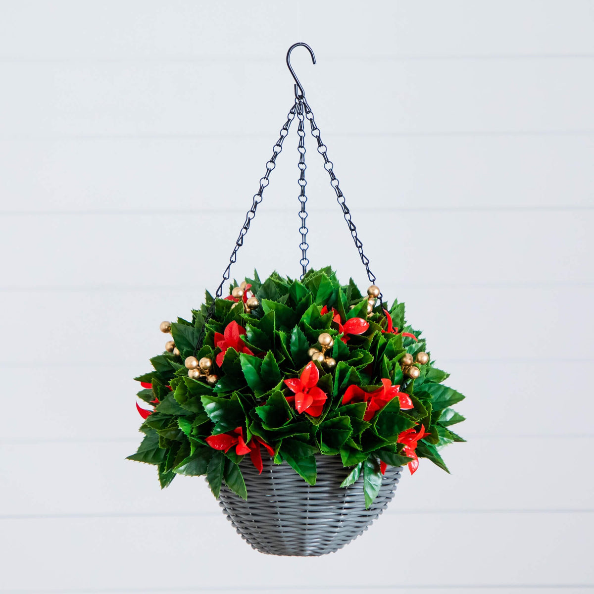 24" Pre-Lit UV Resistant Artificial Red Tip Photinia & Gold Berries Christmas Hanging Basket with 34 Warm White LED Lights (Indoor/Outdoor) - Ornate Home