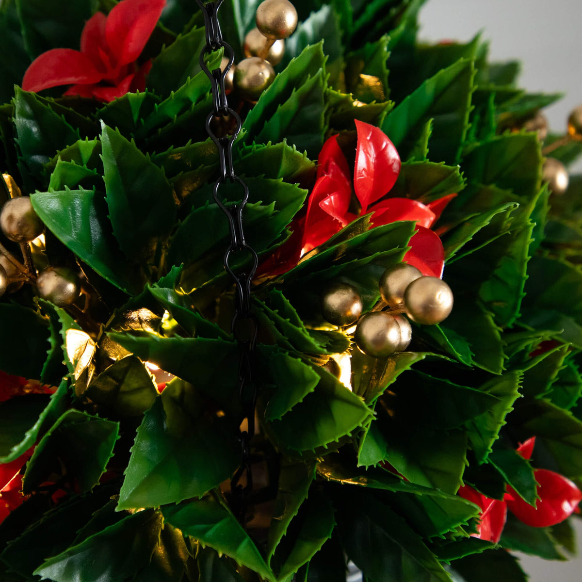 24" Pre-Lit UV Resistant Artificial Red Tip Photinia & Gold Berries Christmas Hanging Basket with 34 Warm White LED Lights (Indoor/Outdoor) - Ornate Home
