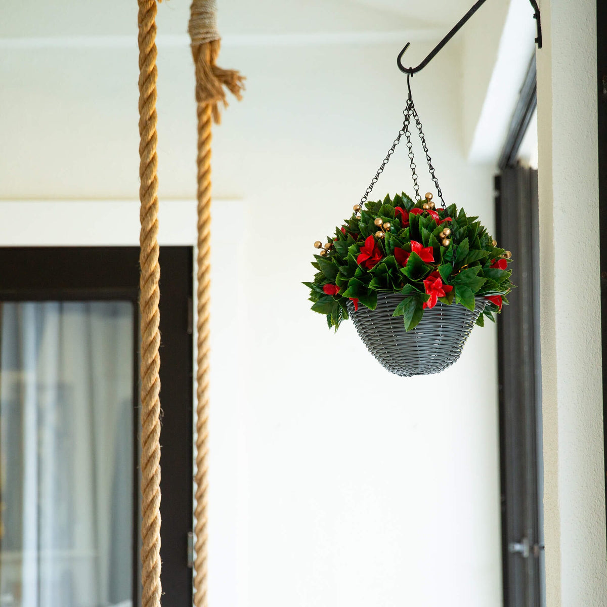 24" Pre-Lit UV Resistant Artificial Red Tip Photinia & Gold Berries Christmas Hanging Basket with 34 Warm White LED Lights (Indoor/Outdoor) - Ornate Home