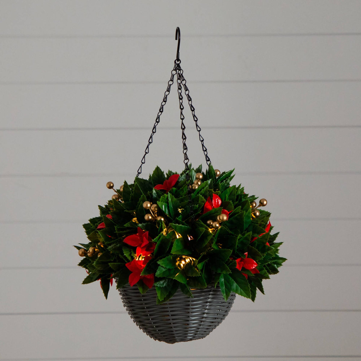 24" Pre-Lit UV Resistant Artificial Red Tip Photinia & Gold Berries Christmas Hanging Basket with 34 Warm White LED Lights (Indoor/Outdoor) - Ornate Home