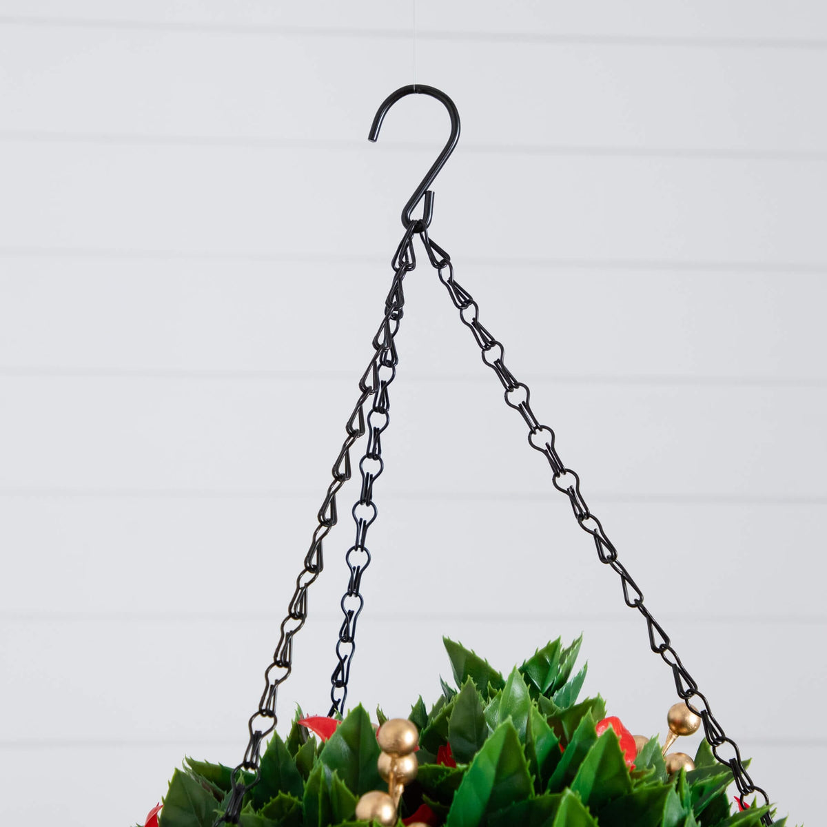 24" Pre-Lit UV Resistant Artificial Red Tip Photinia & Gold Berries Christmas Hanging Basket with 34 Warm White LED Lights (Indoor/Outdoor) - Ornate Home