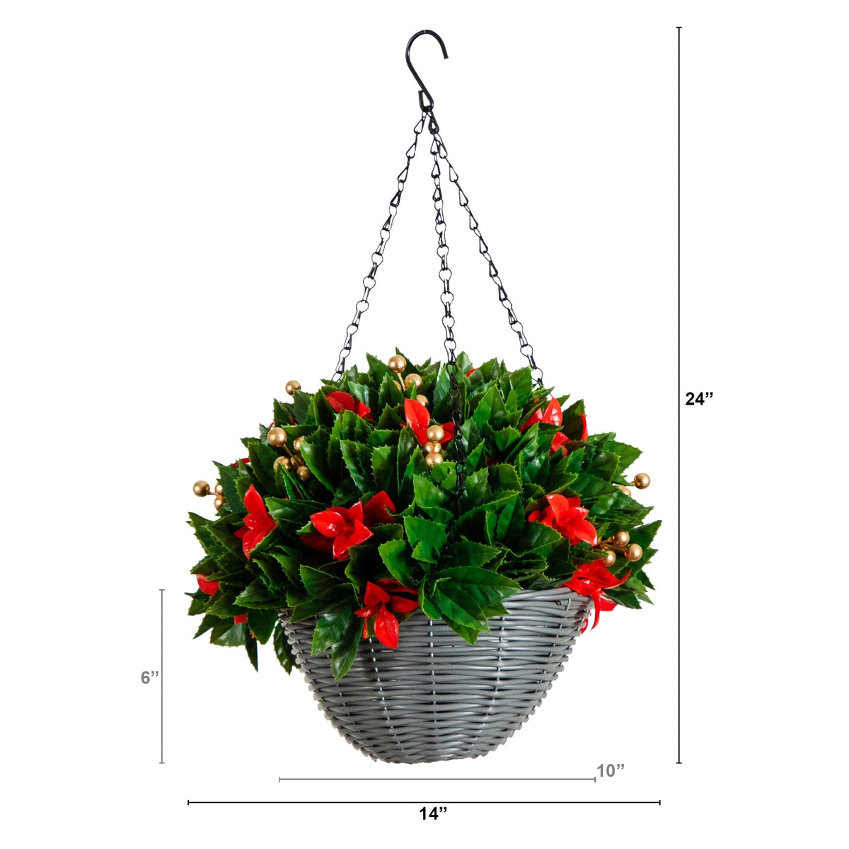 24" Pre-Lit UV Resistant Artificial Red Tip Photinia & Gold Berries Christmas Hanging Basket with 34 Warm White LED Lights (Indoor/Outdoor) - Ornate Home