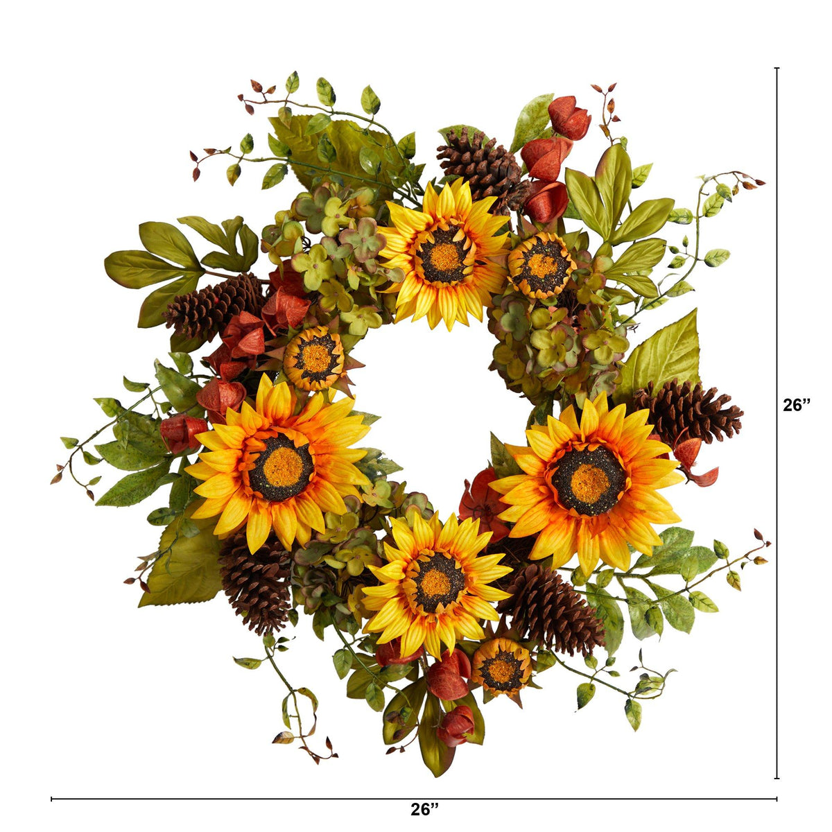 26” Fall Hydrangea, Sunflower and Pinecones Artificial Autumn Wreath