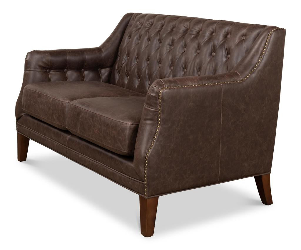 Brooks Brown Leather Tufted 2 Seat Sofa