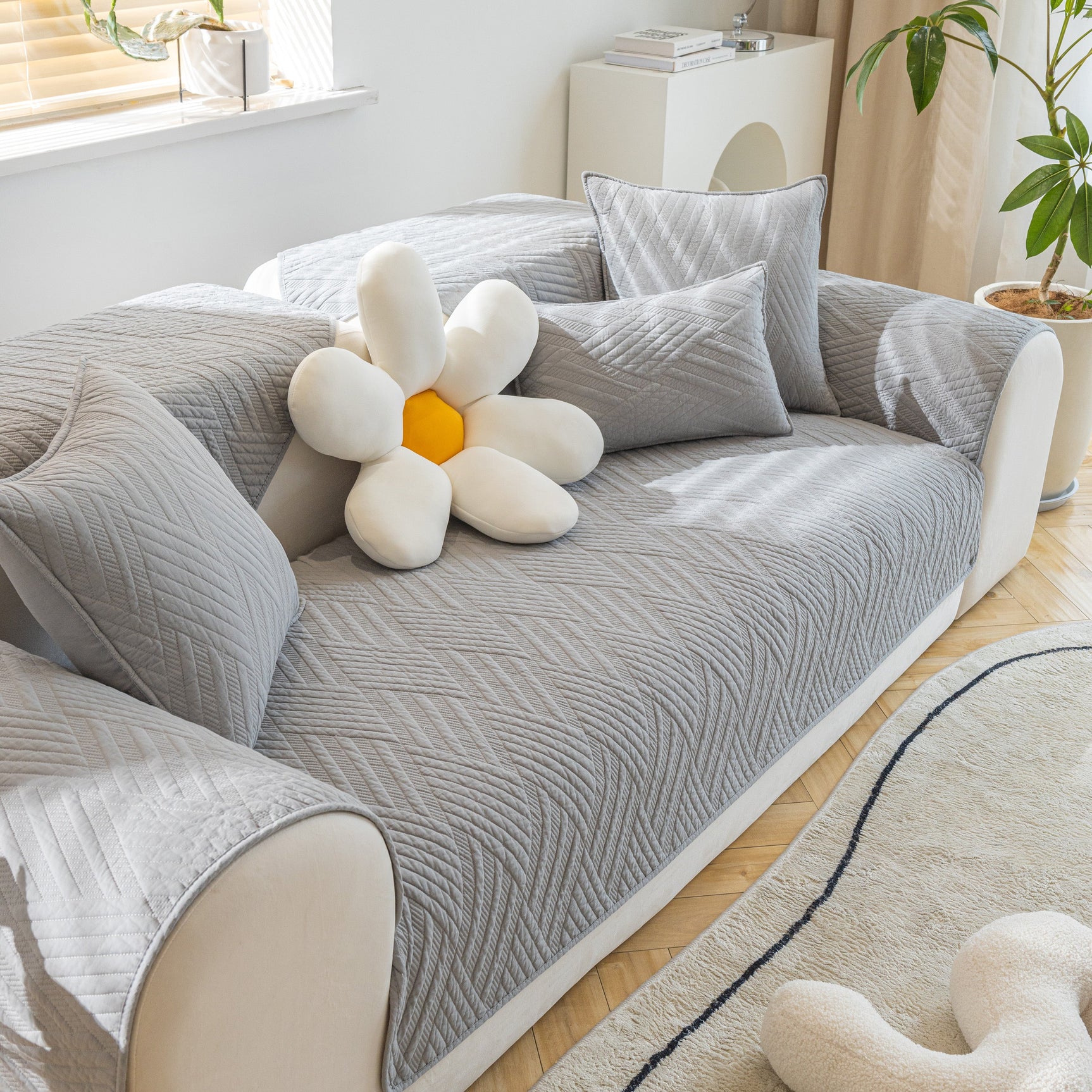 Quilted Geometric Cotton Sofa Cover, Non-Slip & Thick Padded Furniture Covers