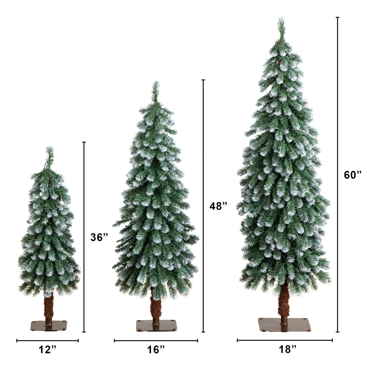 3', 4', 5' Pre-Lit Frosted Artificial Christmas Tree Set with Warm LED Lights - Set of 3