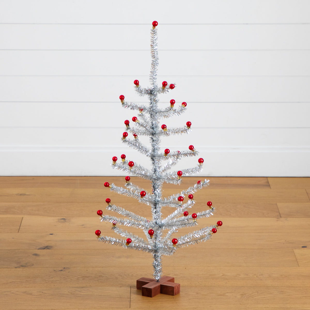 3' Artificial Retro Silver Tinsel Christmas Tree with 45 Red Mini Ornament Balls and Wooden Base