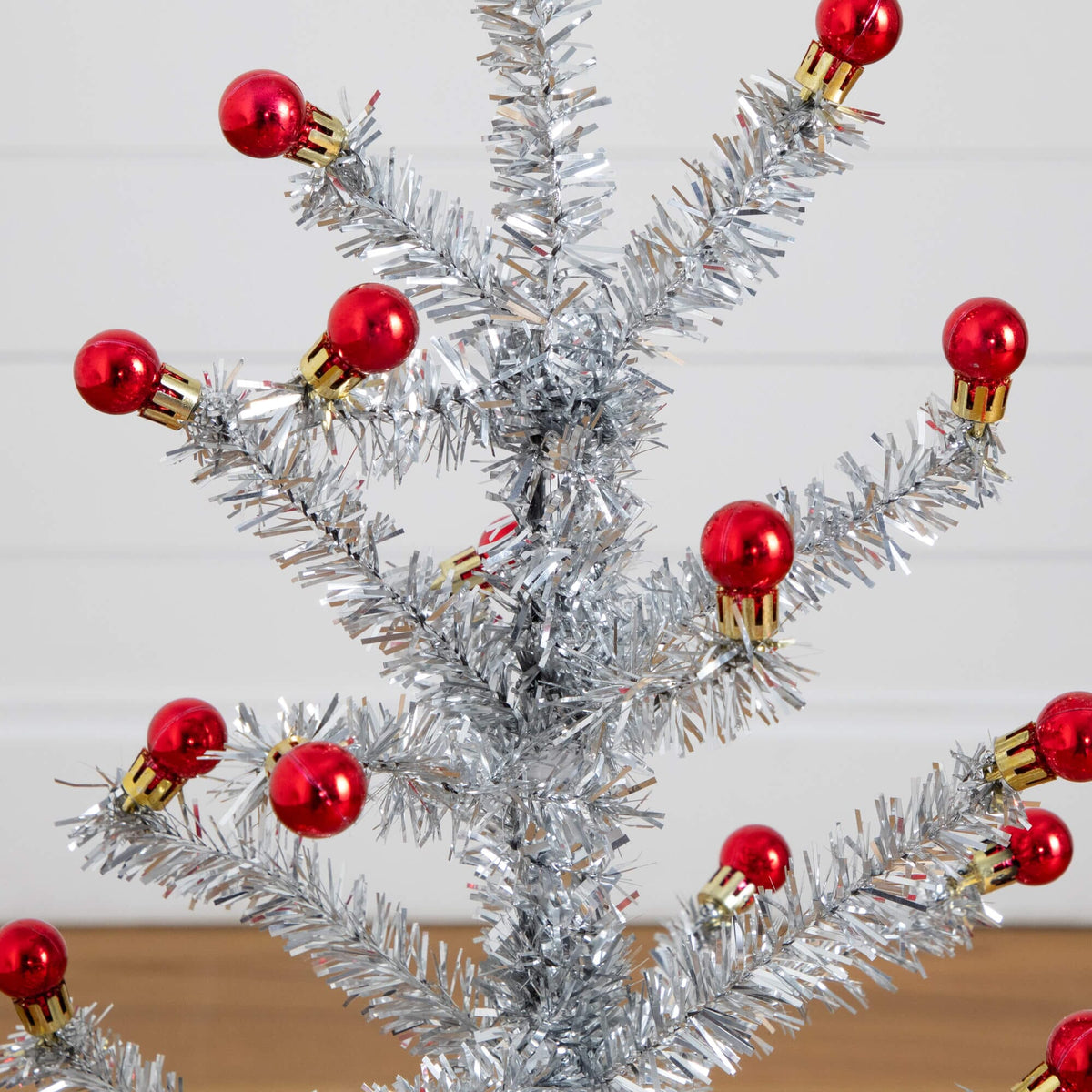 3' Artificial Retro Silver Tinsel Christmas Tree with 45 Red Mini Ornament Balls and Wooden Base