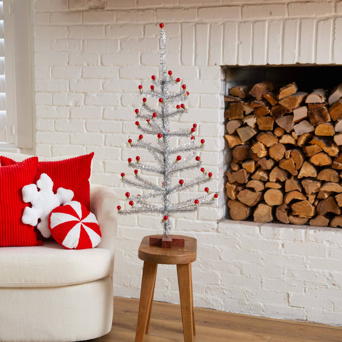 3' Artificial Retro Silver Tinsel Christmas Tree with 45 Red Mini Ornament Balls and Wooden Base