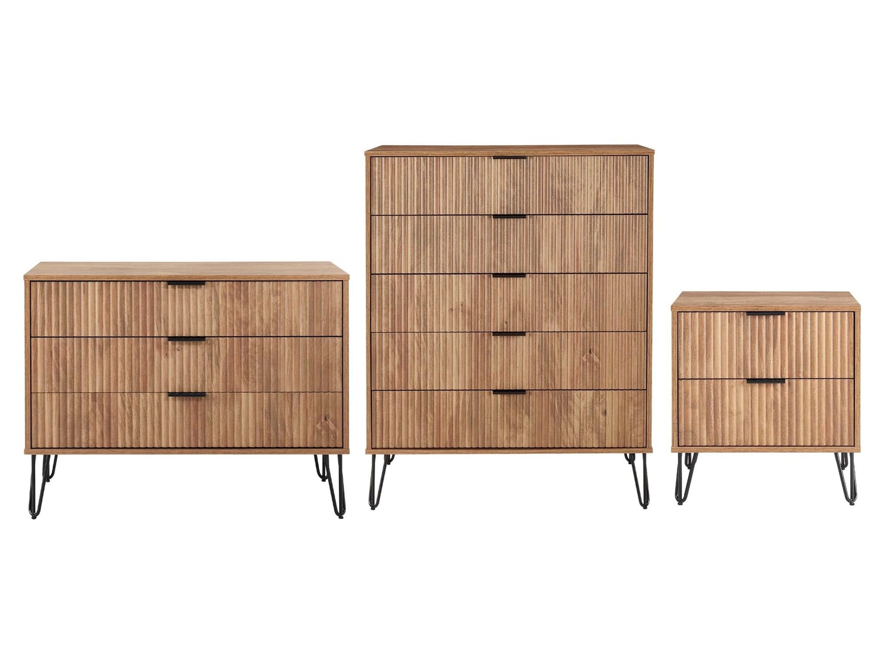 3-Piece DUMBO 5-Drawer Tall Dresser, DUMBO 3-Drawer Standard Dresser and DUMBO Nightstand 2.0 in Golden Brown - Ornate Home