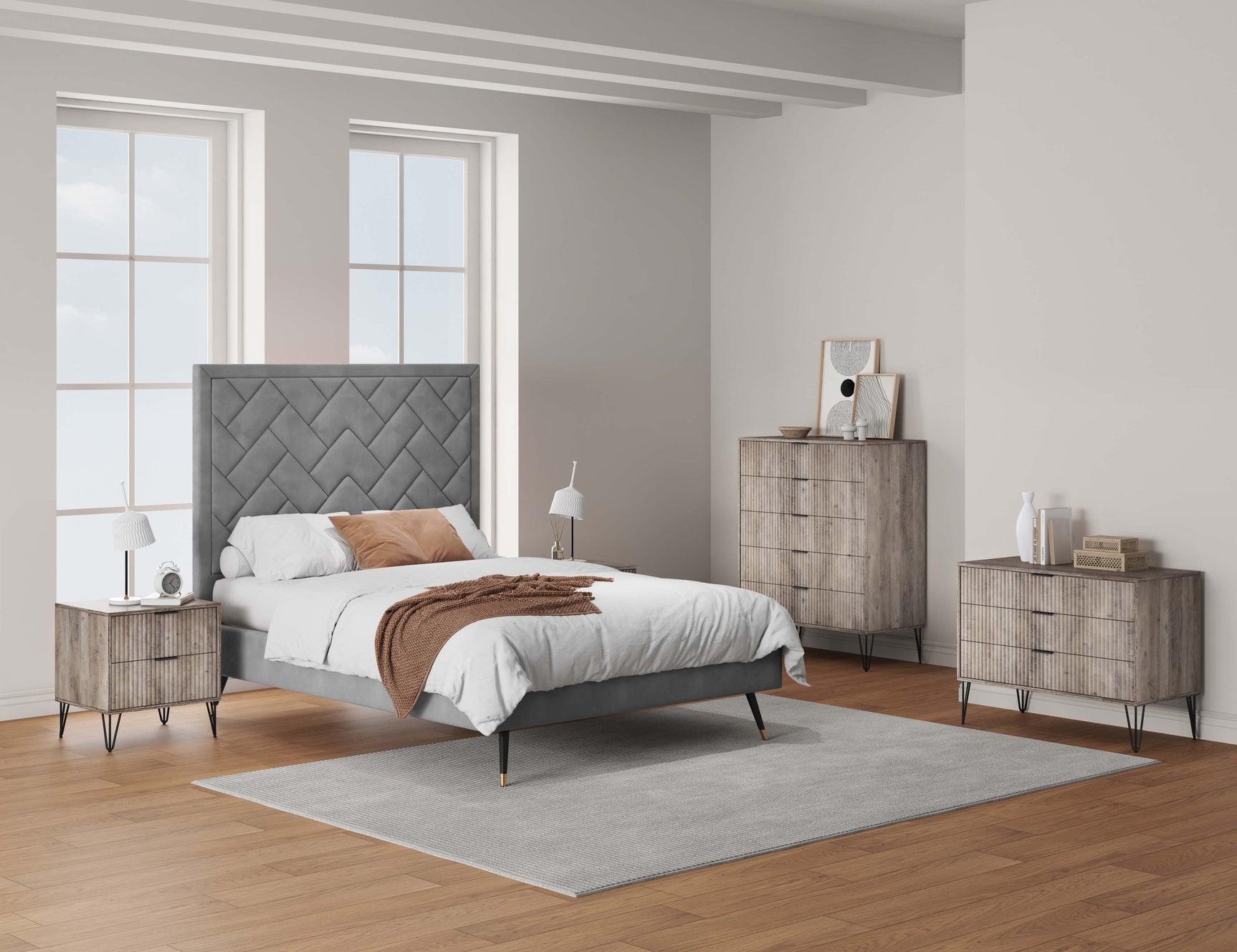 3-Piece DUMBO 5-Drawer Tall Dresser, DUMBO 3-Drawer Standard Dresser and DUMBO Nightstand 2.0 in Rustic Grey - Ornate Home